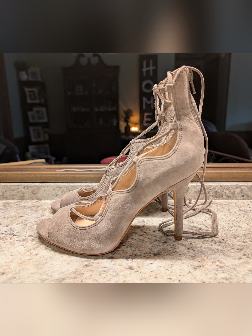 Vince Camuto Sandria Lace-Up Suede Peep-Toe Ghillie Sandals in Taupe